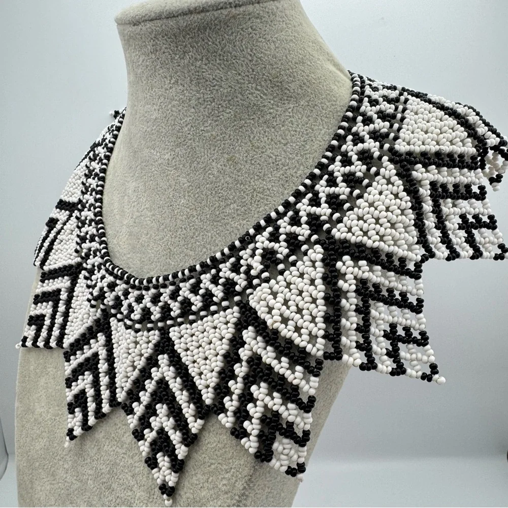 Hand Beaded Black & White Tribal Collar Necklace Statement Bib